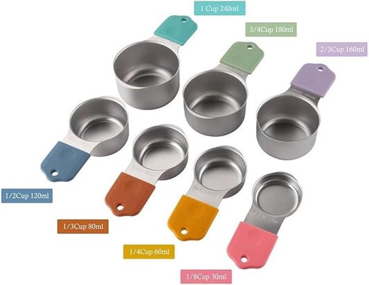 Magnetic Measuring Cups and Spoons Set 16Pcs, 304 Stainless Steel with Multicolor Silicone Handles, 7 Cups + 8 Spoons + 1 Leveler for Baking and Cooking