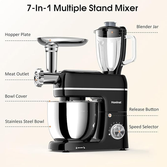 Honinst Stand Mixer, 7-IN-1 6.5QT 660W Multifunctional Electric Kitchen Mixers with Blender, Meat Grinder, Dough Hook, Whisk and Beater, 8-Speed Food Mixer for Baking, Cooking, Food Processing, Black