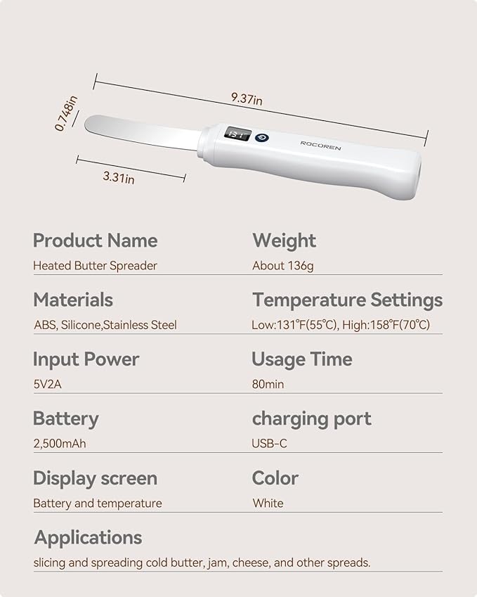 Rocoren Heating Butter Knife, 304 Stainless Steel Cold Butter Spreader,Real-time Smart Display Temp & Battery,Dual Temp Modes for Cheeses,Preserves,Other Spreads with Ease,for Kitchen,Restaurant,Party
