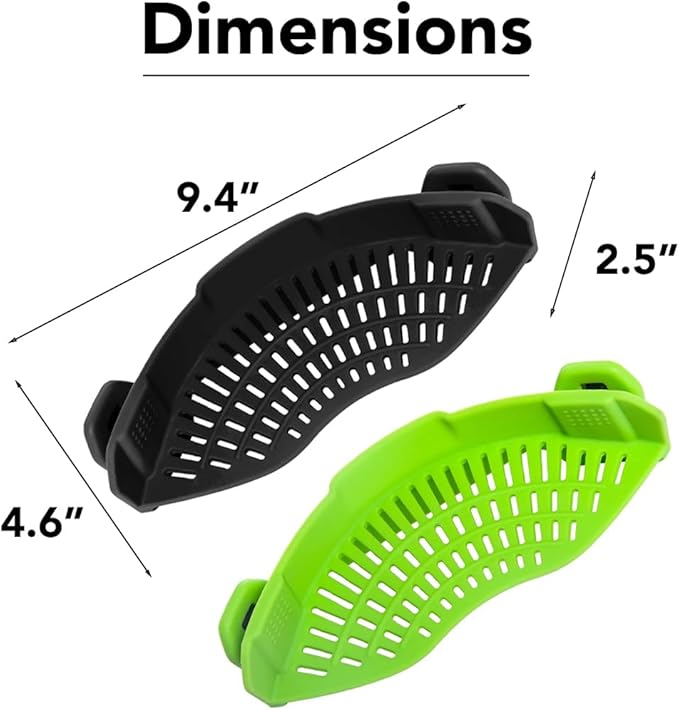 Clip‑On Pot Strainer Silicone Black + Green Dishwasher‑Safe Side‑Mount Design 9.4×4.6×2.5 Inches | Snap Drain Colander for Pans Bowls Skillets | Heat‑Resistant Kitchen Gadget Splash‑Guard