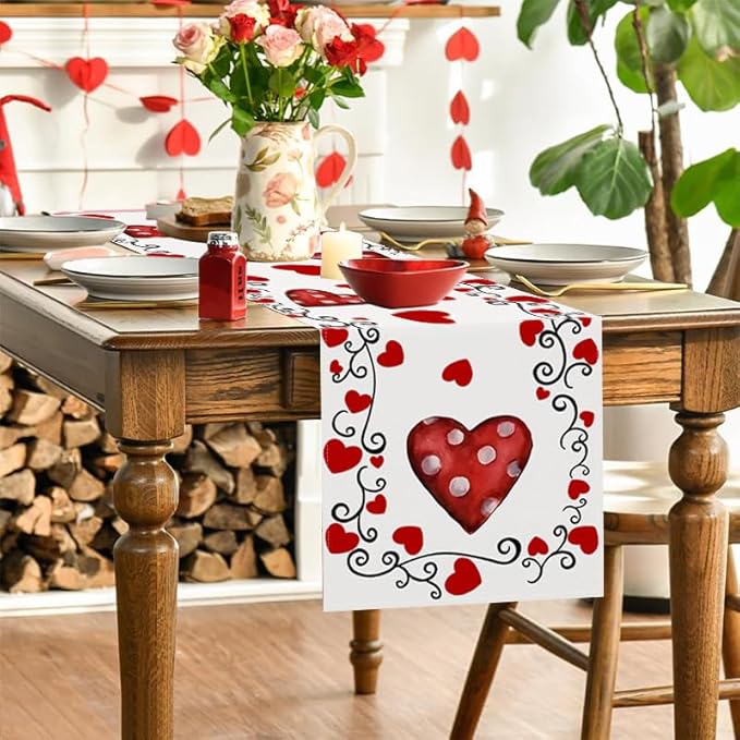 Valentine's Day Table Runner Linen Red Love Heart Table Runner Heart Floral Cloth Dresser Scarves Polka Dots, for Valentines Holiday Home Kitchen Dining Style Table Decoration (13*72 Inch)