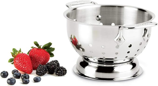 All-Clad Tools and Accessories Stainless Steel Colander 1.5 Quart Strainer, Pasta Strainer with Handle, Pots and Pans Silver