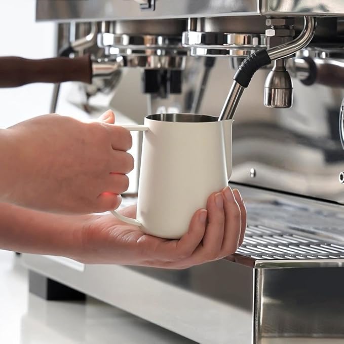 watchget Stainless Steel Milk Frothing Pitcher 12oz/350ml - Espresso Steaming Pitcher for Cappuccino, Latte Art, Coffee Machine Accessories Milk Jug Coffee Frother Cup, Creamy White
