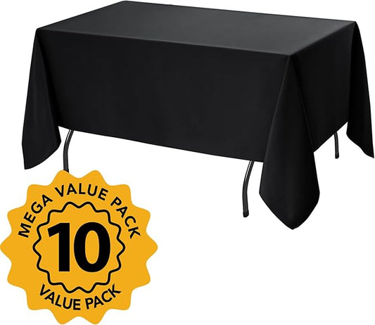 10-Pack Black Tablecloths for Rectangle Tables, 70 x 120 Inches, Stain-Resistant Polyester Fabric for 6 Foot Tables - Washable Table Covers for Weddings, Banquets, Birthday Parties, Events