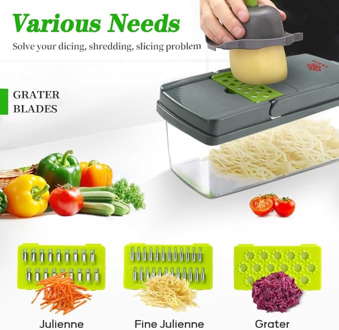 ZARIN 16‑in‑1 Vegetable Chopper & Slicer – Multi-Function Kitchen Gadget for Onions, Fruits & Vegetables – Mandoline Slicer with Interchangeable Blades for Easy Meal Prep