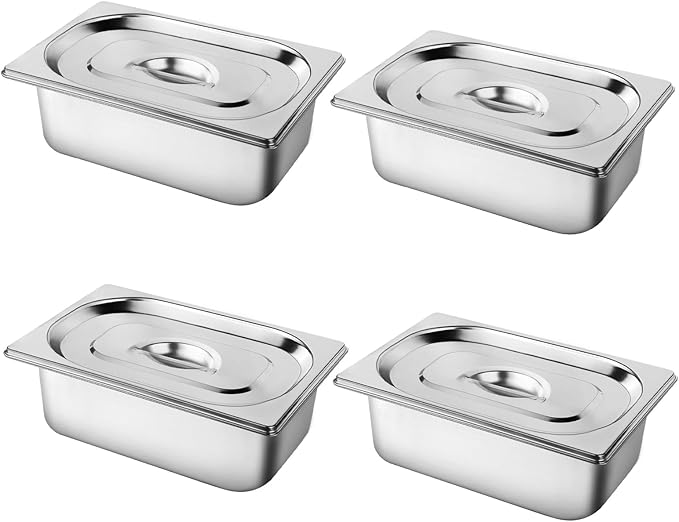 West Bay 4 Pack 1/4 Size Hotel Pan with Lids, 4'' Deep Steam Table Pan with Lid, 10.2''L x 6.3''W Stainless Steel Pans for Home, Party, Hotel, Buffet