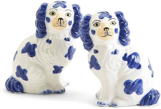 Two's Company Staffordshire Dog Salt and Pepper Shaker Set - Hand-Painted Ceramic, 3.5-Inches Height (Blue and White)