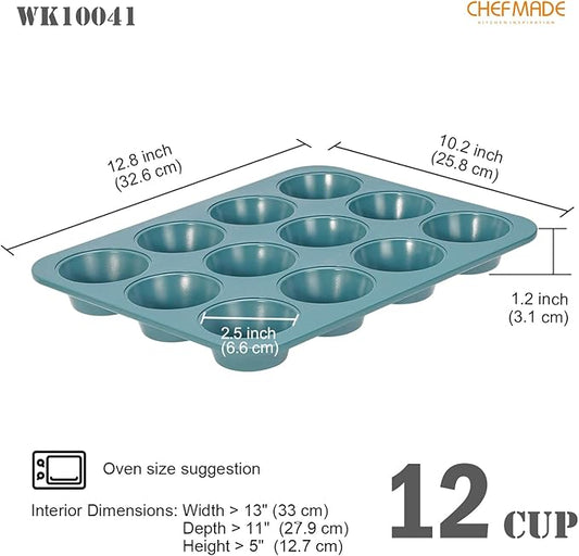 CHEFMADE Muffin Pan, 12 Cups Non-Stick Cupcake Baking Pan Heavy Duty Carbon Steel Pan Muffin Tins Standard Baking Mold for Cakes(Green)