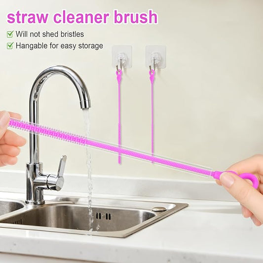 Silicone Straw Cleaner Brush, 4-Piece Reusable Straw Brush Set with Extra-Long Design for Cleaning Thin Metal Straws and Wider Milkshake Straws (6mm+9mm Purple)