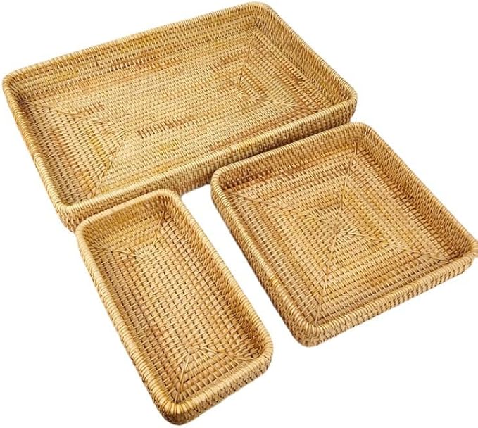 Rattan Serving Tray with Mother of Pearl Inlay,Set of 3 Wicker Serving Tray Boho,Hand-Woven from Natural Rattan, Serving Baskets for Home Decor and Coffee Table Decor (Natural)