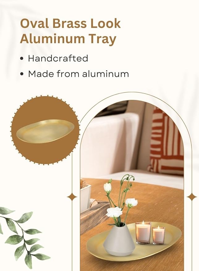 Serene Spaces Living Oval Brass Look Aluminum Tray, Hammered Decorative Metal Tray Use as Holder for Accessories, Candles, Jewelry, Centerpiece for Kitchen or Dining Table, Set of 12