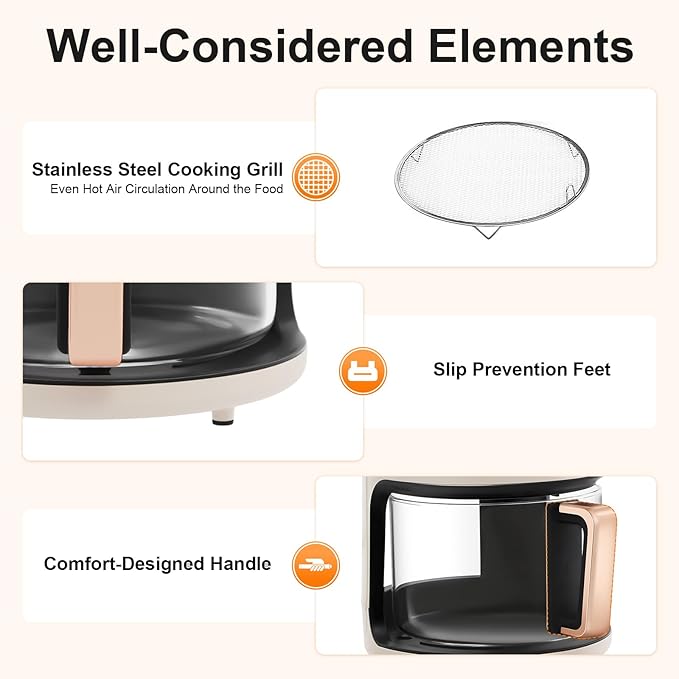 4.4 Quart Air Fryer, 1200W Glass Air Fryer with 8-1 Preset Cook Modes, 360° Viewable Halogen Oven Countertop, Precise Temp Control & Time, Cook Shrimp, Steak, Fries, Wings, Chicken (White)