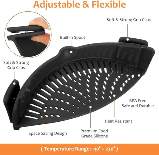 YEVIOR Clip on Strainer for Pots Pan Pasta Strainer, Silicone Food Strainer Hands-Free Pan Strainer, Clip-on Kitchen Food Strainer for Spaghetti, Pasta, Ground Beef Fits All Bowls and Pots (Black)