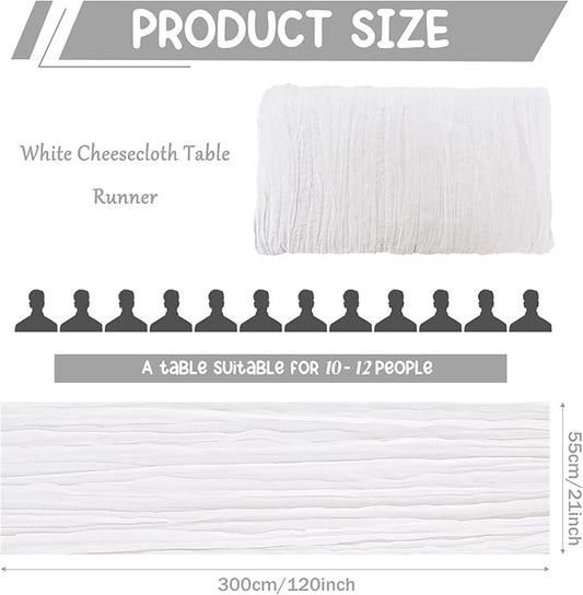 10 Pack White Cheesecloth Table Runner 10FT Boho Gauze Fabric Table Runner Vintage Rustic Sheer Runners for Wedding Party Bridal Baby Shower Long Table Decorations