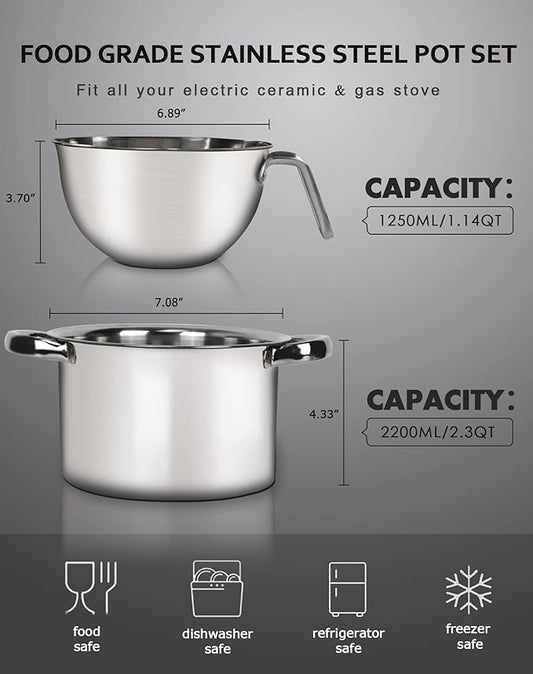 Double Boiler Pot Set,1250ML/1.1QT Mixing Bowl for Chocolate Melting, 2200ML/ 2QT 304 Stainless Steel Pot With Silicone Spatula for Melting Chocolate, Candy, Candle, Soap, Wax