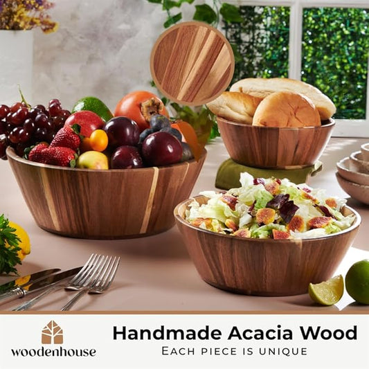 Woodenhouse Wooden Bowls, Wooden Salad Bowl Set of 3 - Round Design Large Salad Bowl Set for Serving, Handmade, Durable and Stylish Natural Wood Dining Accessory