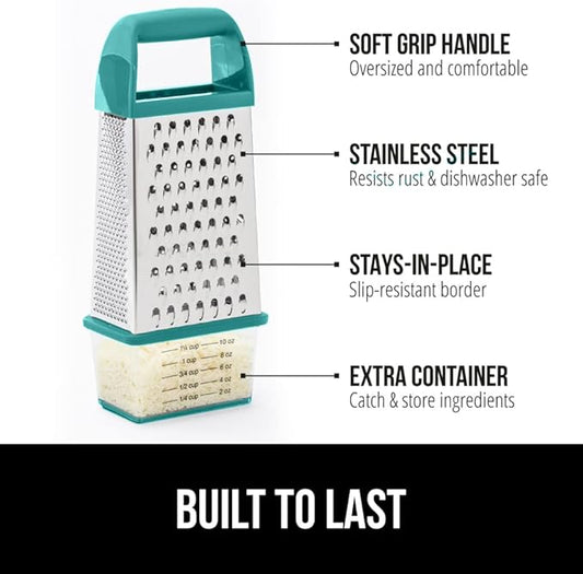 GORILLA GRIP 4-Sided Stainless Steel Cheese Grater With Container, 100% BPA-Free Box Grater, Slip Resistant Base and Handle, Grate Parmesan, Hard Cheeses, Shred Veggies, Dishwasher Safe, Turquoise
