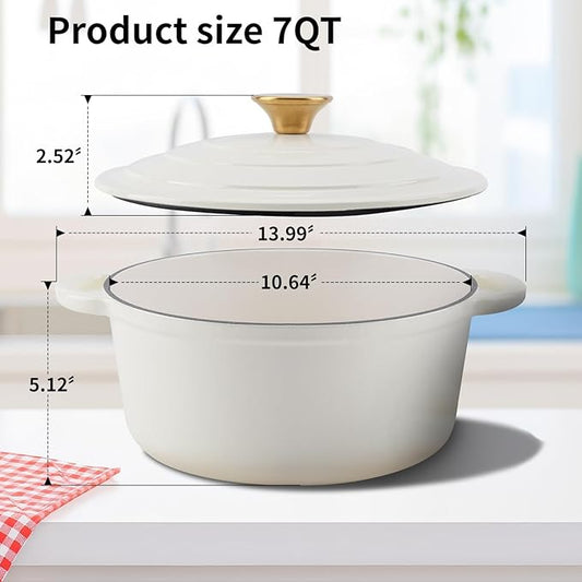 WOKINS Enameled Cast Iron Dutch Oven Pot with Lid Heavy-Duty Cookware for Bread Baking,Braising,Stews,Roasting,7QT,Oven Safe up to 500°F,creamy white