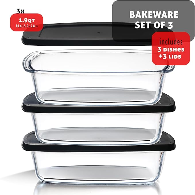 EATEX Glass Bread Pans for Homemade Bread Baking, 1.9 Quart Deep Rectangular Glass Food Storage Containers with Lids, 3 Bread Loaf Pans 3 Airtight Lids Black BPA Free Microwave Oven & Freezer Safe