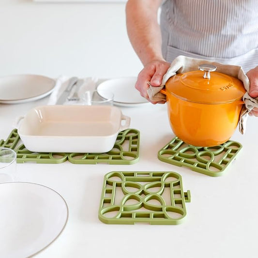 Capabunga 2-Pack Trivets for Hot Dishes - Green Interlocking Hot Pads for Kitchen, Coffee Bar Essentials, Silicone Mats for Kitchen Counter, Heat Resistant Silicone Trivets for Pots and Pans