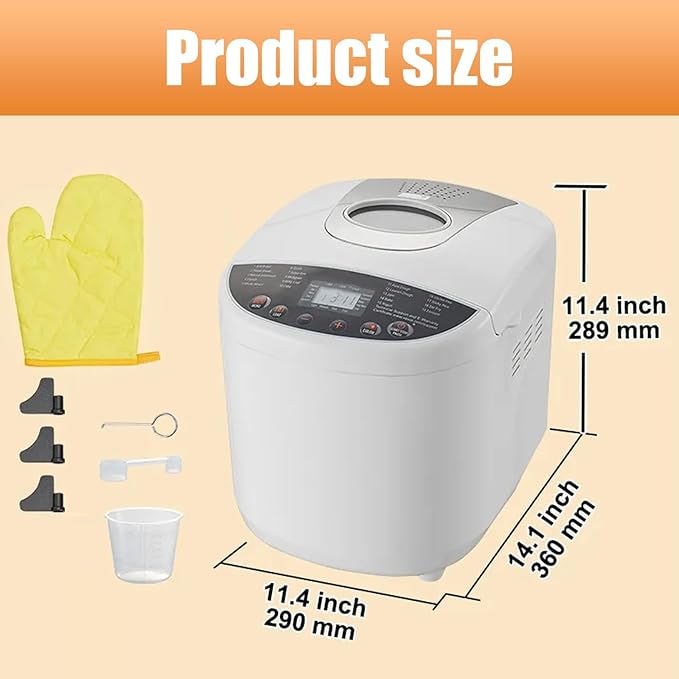 Bread Maker, 19-in-1 2LB Dough Machine, Nonstick Ceramic Pan Automatic Breadmaker with Gluten Free Setting, Automatic Compact Dough Machine Nonstick,Digital,3 Loaf Sizes, 2 Crust Colors, White