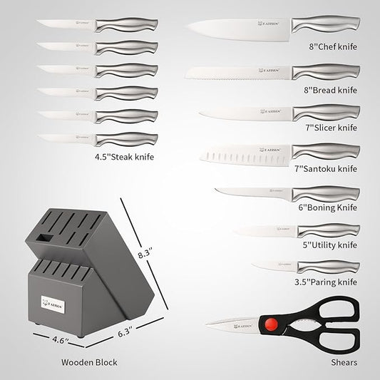 Kitchen Knife Set, 15 Pieces Knife Set with Block, Knives Set for Kitchen, Silver Hollow Ergonomic Handle for Chef Knife Set, Kitchen Shears,Black Knife Block Set