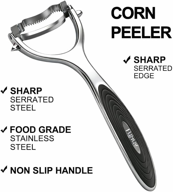 Corn Peeler Tool Set, Stainless Steel Corn Kernel Remover with Serrated Blade, Ergonomic Non-Slip Handle, Includes Corn Holders for Easy Corn Cutting