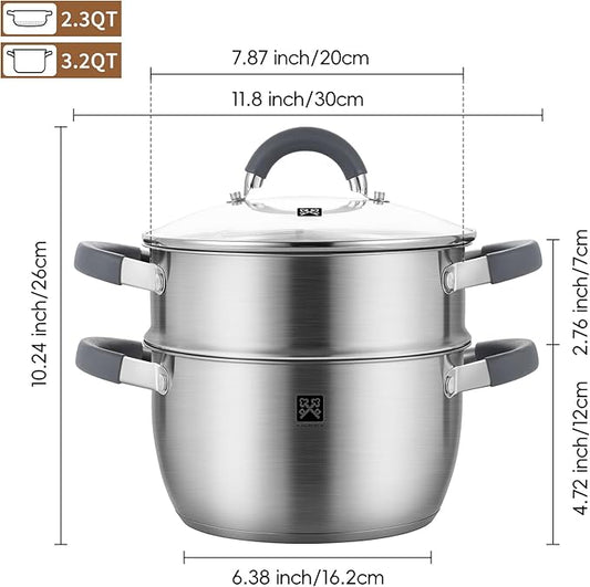 GOLDEN KEY 3.2 QT Steamer for Cooking,Steamer Pots with Vegetable Steam Basket,2-Tier Multipurpose 18/8 Stainless Steel Steaming Pot Cookware for Vegetable,Soup, Food,Dumplings,Oven & Dishwasher Safe