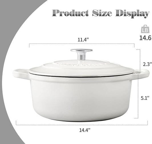 EDGING CASTING Cast Iron Dutch Oven With Lid Round Pot Enameled Covered for Bread Baking, 7 Quart, White