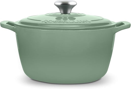 ROSSALLINI Signature Enameled Cast Iron Dutch Oven, Non-Stick Serving Pot with Tight Fitting Lid for Perfect Roasting, Baking, Sauteing, and Bread Making | 5.5Q (5.2L) - Sage