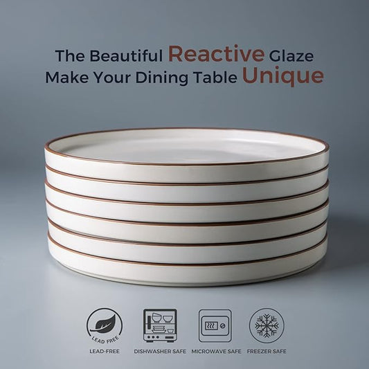LERATIO Ceramic Plates,8.0 Inch Flat Salad Plates Set of 6,High Edge Modern plates for Kitchen,Microwave & Dishwasher & Oven Safe, Scratch Resistant Dishes Set-Matte White with Rim