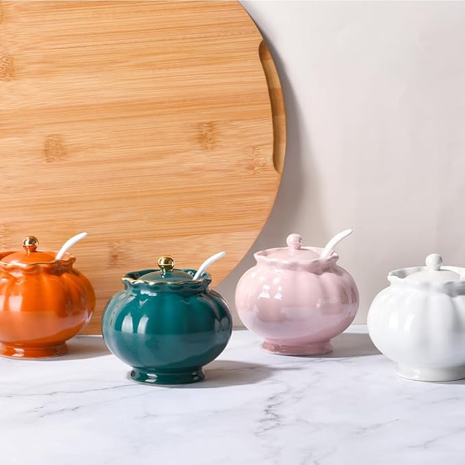 Ceramic Sugar Bowl, Salt Cellar with Lid and Spoon, 9oz Sugar Jar for Coffee Bar, Salt Box Sugar Containers for Seasoning, Spice, Sauce, Elegant Decor for Kitchen Countertop