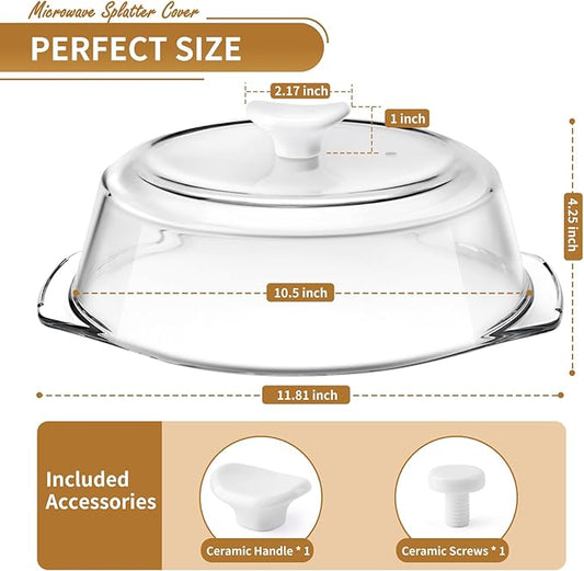ACEPRUT New Upgrade Glass Microwave Splatter Cover for Food with Ceramic Handle & Screw, 100% Food Grade, Plastic-free, BPA Free, Dishwasher Safe