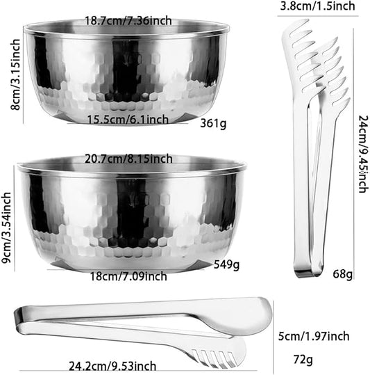 Stainless Steel Mixing Bowls with Food Tongs Set, Meal Prep Metal Mixing Bowls For Home, Refrigerator,and Kitchen Food Storage Organizers - Silver