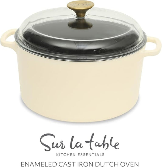 Sur La Table Kitchen Essential Supper Club 5-Quart Enamel-Coated Cast Iron Dutch Oven Pot with Oven Safe Glass Lid, Oven-to-Table Cookware for Bread, Soups, Stews & Braising - Eggshell White