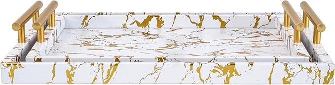Modern Decorative Tray Set of 2 - White and Gold Marble Wood Serving Tray with Gold Polished Metal Handles for Ottoman, Coffee Table, Bathroom and More