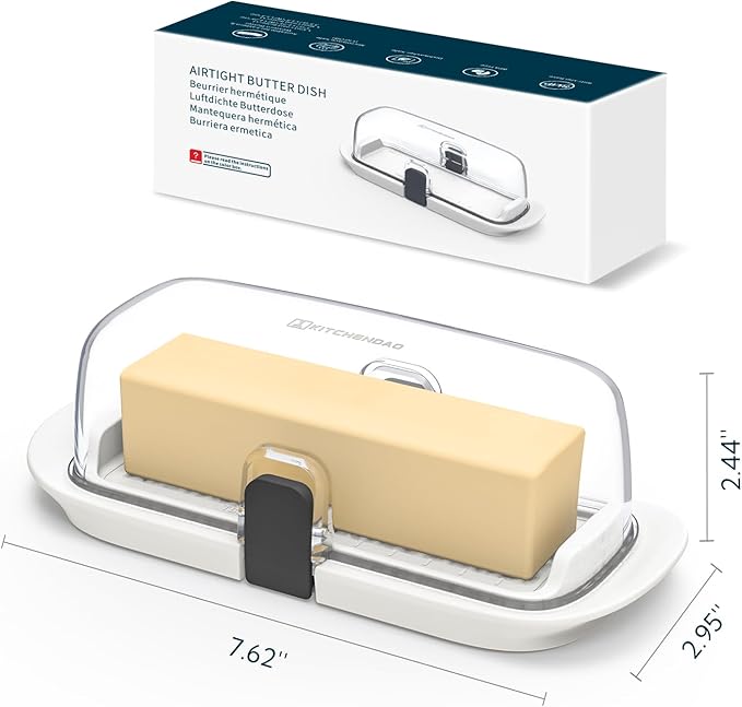 KITCHENDAO One-handed Airtight Butter Dish with Lid for Countertop and Refrigerator Door Shelf, Butter Holder with One Press to Open/Close Secure Latching Buckle for West/East Coast Butter (White)