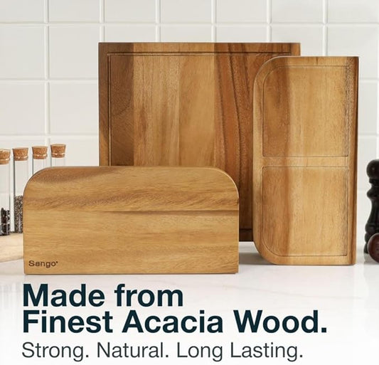 Sango Acacia Cutting Board Set with Juice Grooves and Partitions for Serving, 3-Piece- Wood Chopping Boards, Stackable & Reversible for Kitchen, Non-Toxic, Perfect as Butcher Block Countertop, Atelier