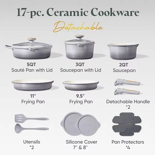 CAROTE 17Pcs Titanium Cookware Set, Pots and Pans Set Non Stick, Kitchen Cooking Set with Detachable Handle, Non Toxic Induction Cookware, Dishwasher/Oven Safe