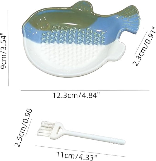 1PCS Ceramic Fish-Shaped Ginger Grater Plate with Cleaning Brush for Kitchen Gadget Ginger Garlic Spices (4.8"x3.5")