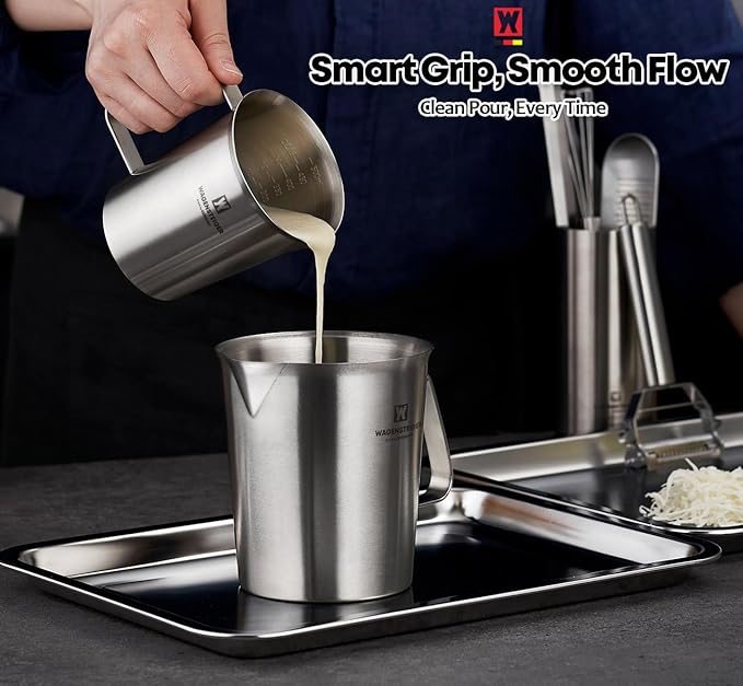 18/8 Stainless Steel Measuring Cup: Metal Measuring Pitcher with Engraved Oz & ml Markings, Precision Pour Spout & Sturdy Handle – Baking, Coffee & Barista Use (500ml / 16.9Oz)