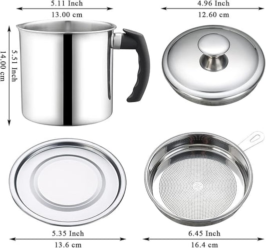 Berglander Bacon Grease Container With Strainer 47oz/1.4L, Stainless Steel Oil Storage Container with Fine Mesh Strainer Dust-proof for Storing Frying Oil and Cooking Fat, Cooker Accessories
