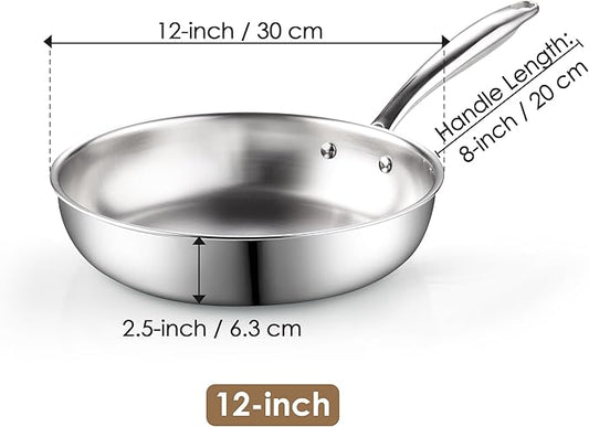 Cook N Home 12-inch Stainless Steel Frying Pan, Tri-Ply Clad 18/10 Stainless Steel Skillet Sauté Cooking Fry Pan, Induction Cookware, Silver