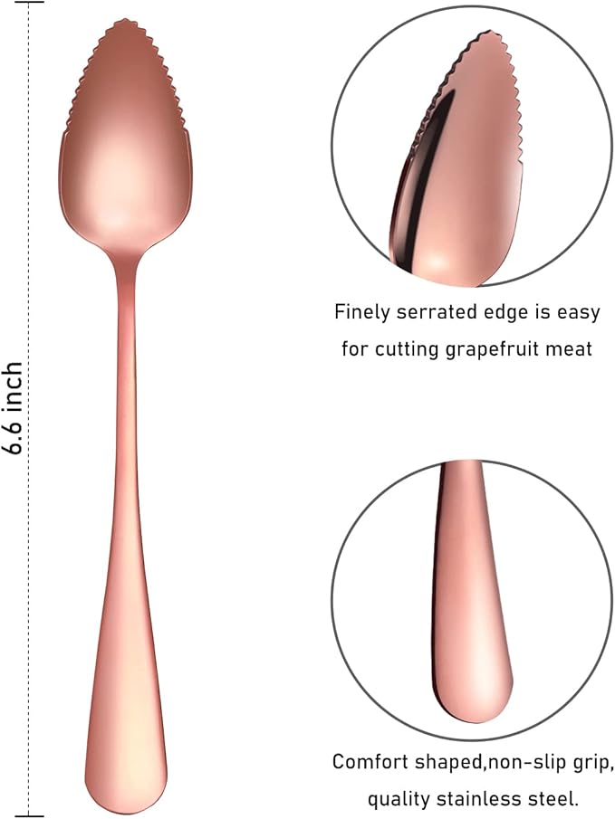 5 PCS Grapefruit Spoons, Stainless Steel Grapefruit Spoon Utensil Set, Serrated Edge & Thick Gauge Handle, Rose Gold Kitchen Tool with Non-stick Plating for Kiwi, Dessert, Apple, Citrus Fruit