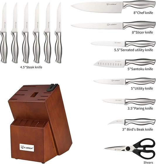 Knife Set, 15-Piece Kitchen Knife Block Sets with Built-in Sharpener, German Stainless Steel Knife Block Set, Dishwasher Safe and Ergonomic