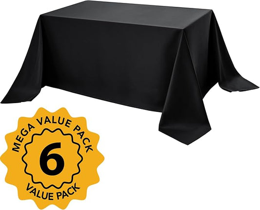 6-Pack Black Tablecloths for Rectangle Tables, 90 x 156 Inches, Stain-Resistant Polyester Fabric for 8 Foot Tables - Washable Table Covers for Weddings, Banquets, Birthday Parties, Events