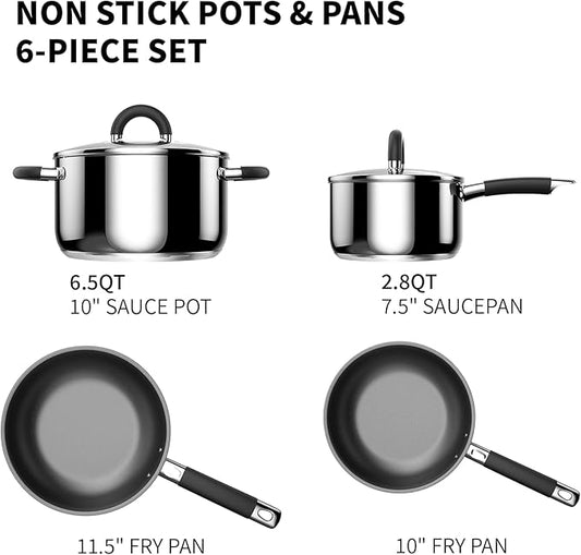 Pots and Pans Set Non Stick, Stainless Steel Cookware Set of 6, Frying Pans, 5 Ply Base Dishwasher Safe