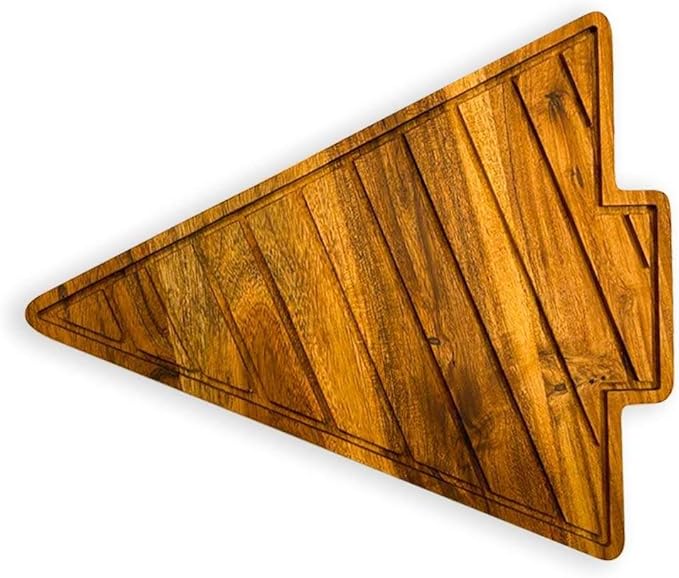 Treen Art Wooden Christmas Cutting Board for Kitchen Decor, 12.5"L x 10"W Tree Shaped Acacia Wood Chopping Board with Handle & Slicey Grooves, Serving Charcuterie Platter