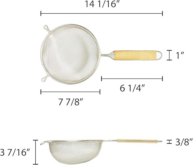 TrueCraftware- 8-Inch Single Medium Tin Mesh Strainer 6" Handle Length Wooden Handle- Kitchen Utensil Food Strainer Skimmer Spoon for Cooking Sieve Sifters Rice Quinoa Pasta Fruits Vegetable