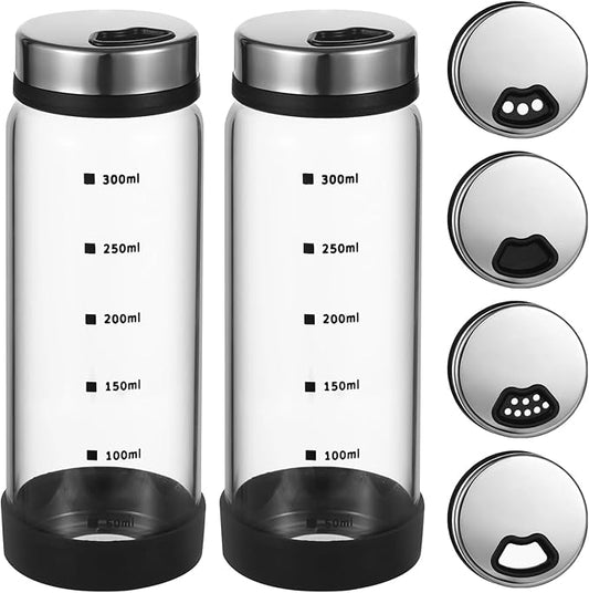 2 Pcs Salt and Pepper Shakers, 350ml Glass Spice Bottles with Adjustable Pour Holes, Spice Dispensers with Non-Slip Silicone Bases, Seasoning Jars with Rotating Steel Lids for Kitchen